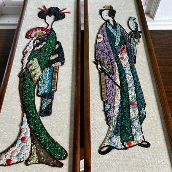 Mid-Century Gravel Art Wall Hangings – Asian Figures, 1960s Vintage Pair - Picture 13 of 13